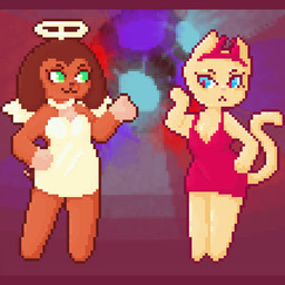 animated_gif anthro anthrofied blinking clothed clothing dress duo female floppy_ears gloves_(marking) halo markings standing tail wings robbothebobbo hasbro littlest_pet_shop littlest_pet_shop:_popular brooklyn_hayes lps_339 lps_675 savannah_reed american_shorthair canid canine canis dachshund domestic_cat domestic_dog felid feline felis hunting_dog mammal 1:1 2d_animation animated digital_media_(artwork) hi_res pixel_(artwork) pixel_animation short_playtime