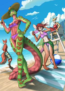 anthro ball beach beach_ball bikini bikini_top breasts casual_exposure clitoris clitoris_piercing clothed clothing detailed_background exhibitionism female fur genital_piercing genitals group hair ineffective_clothing inflatable lifeguard lifeguard_chair lifeguard_swimsuit linked_nipples linked_piercing looking_back male nipple_piercing nipples non-mammal_nipples one-piece_swimsuit open_mouth outside piercing recording sand seaside seductive shocked sky smile swimming_trunks swimwear tail thick_tail two-piece_swimsuit cosmicfs aquatic canid canine fish fox gecko lizard mammal mouse murid murine reptile requiem_shark rodent scalie shark tiger_shark absurd_res hi_res