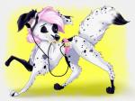 eyes_closed female feral hair paws pink_hair simple_background solo lulu_(artist) fidgit_(character) canid canine canis dalmatian domestic_dog mammal 2017 4:3