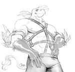 anthro beak biped feathers harness male muscular muscular_anthro muscular_male nipple_piercing nipples pecs piercing solo tail tail_tuft tuft tavyapl avian hi_res monochrome