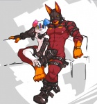 abs age_difference armor bell biceps black_nose blue_eyes bondage_gear boots bottomless canine claws collar cub ear_piercing footwear fur gay gloves green_eyes harness heterochromia jaegar jumper leather male muscles nipples nude orange_fur pecs piercing pink_fur pink_nose plain_background pose presenting red_fur sheer_(artist) sitting size_difference standing toe_claws topless white_background white_fur yellow_eyes young
Rating: Questionable
Score: 17
User: Wyvrn
Date: April 26, 2013