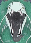 black_insides black_mouth black_tongue bodily_fluids duo fangs female female_pred front_view fully_inside glistening glistening_eyes green_eyes green_hair grey_insides grey_mouth grey_tongue hair looking_at_viewer mouth_shot narrowed_eyes neck_bulge open_mouth oral_vore paw_imprint saliva saliva_on_tongue saliva_string sharp_teeth solo solo_focus swallowing teeth text tongue tongue_out vore white_body santanahoffman mythology dragon mythological_creature mythological_scalie scalie 2022 artist_name chromatic_aberration dated digital_media_(artwork) hi_res