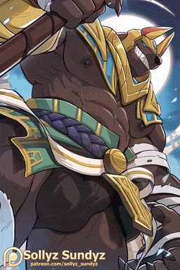 abs anthro areola barazoku big_muscles big_pecs black_nose blue_eyes brown_body bulge claws detailed_bulge fangs gold_(metal) gold_jewelry huge_thighs jewelry low-angle_view male manly muscular muscular_anthro muscular_arms muscular_legs muscular_male muscular_thighs nipples no_pupils pawpads pecs serratus sharp_teeth smile solo teeth thick_thighs sollyz league_of_legends riot_games tencent nasus_(lol) anubian_jackal canid canine canis jackal mammal 2:3 2d_animation animated loop motion_tweening