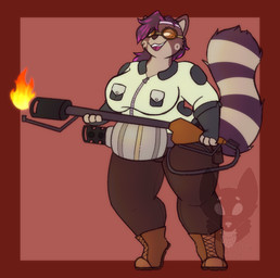 anthro big_breasts biped boots border bottomwear breasts brown_boots brown_bottomwear brown_clothing brown_footwear brown_pants clothed clothed_anthro clothed_female clothing countershade_face countershade_fur countershade_neck countershade_torso countershading eyewear female female_anthro fire flamethrower footwear fuel_tank fur gloves goggles grey_body grey_clothing grey_countershading grey_fur grey_gloves grey_handwear handwear holding_object holding_ranged_weapon holding_weapon jacket markings open_mouth open_smile orange_lens pants pockets pouch_(clothing) ranged_weapon red_background red_border shoes simple_background slightly_chubby slightly_chubby_anthro slightly_chubby_female smile solo standing striped_markings striped_tail stripes tail tail_markings teeth thick_thighs topwear weapon white_clothing white_jacket white_topwear strawberrymilkdog jinx_(icanhazbrgr) mammal mink mustelid musteline true_musteline 2023 hi_res watermark