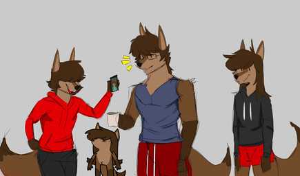 anthro bottomwear chatting clothing electronics eyewear femboy glasses group hair hair_over_eyes long_hair male messy_hair muscular one_eye_obstructed pants phone shorts simple_background smile text youtuber commanderthings commander_(commanderthings) canid canine canis mammal wolf absurd_res english_text hi_res