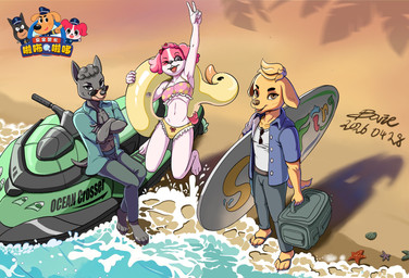 anthro beach detailed_background female group jumping looking_at_viewer male male/female outside sky surfboard bovie canid canine mammal absurd_res hi_res