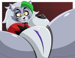 anthro areola big_hair black_areola black_nipples black_nose border bottomless breasts cheek_tuft clothed clothing collar ear_piercing ear_ring eyelashes eyeshadow facial_markings facial_tuft female fur genital_focus genitals green_highlights grey_body grey_fur grey_hair hair head_markings highlights_(coloring) lipstick looking_at_viewer machine makeup markings nipple_piercing nipples one_breast_out piercing purple_eyeshadow purple_lipstick purple_pussy pussy pussy_focus red_background red_clothing red_topwear ring_piercing simple_background smile solo spread_legs spreading studded_collar studs thick_thighs topwear tuft white_border yellow_eyes blakey five_nights_at_freddy's five_nights_at_freddy's:_security_breach scottgames steel_wool_studios roxanne_wolf animatronic canid canine canis mammal robot wolf hi_res
