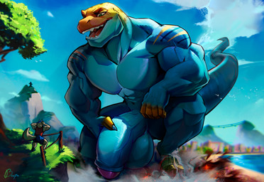 5_fingers anthro balls big_balls big_penis blue_body featureless_chest fingerless_(marking) fingers genitals humanoid_genitalia humanoid_penis long_tail looking_down looking_down_at_another macro macro_anthro macro_male male male/male mountain muscular muscular_anthro muscular_male pecs penis sharp_teeth size_difference tail teeth vein veiny_penis boopa monroe_lehner canid canine canis mammal reptile scalie wolf absurd_res hi_res signature