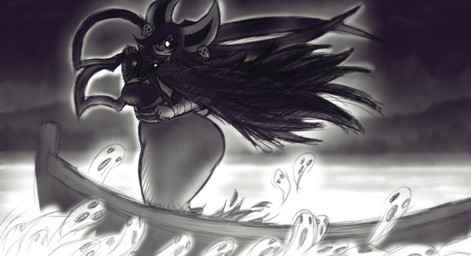 ambiguous_gender anthro bandage big_breasts big_butt big_ears boat breasts butt cloak clothed clothing dress ear_piercing eyeshadow female group hair hair_over_eye holding_object holding_weapon huge_butt makeup oversized_scissors piercing river scissors skull_accessory skull_symbol solo_focus vehicle voluptuous_anthro voluptuous_female watercraft weapon itzjaylock death_(itzjaylock) bat ghost mammal spirit hi_res