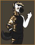 anthro asymmetrical_coloring eyeshadow gesture gold_markings hand_gesture makeup male markings middle_finger multicolored_body solo stripes tail two_tone_body aether_stripes coal_templaris zeebra equid equine horse mammal absurd_res hi_res