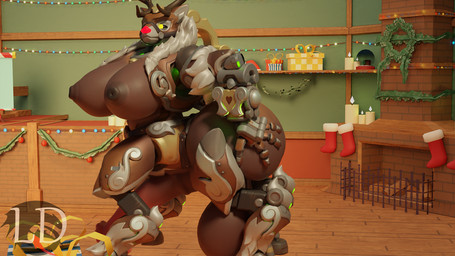 anthro belly big_breasts big_butt breasts brown_body brown_nipples butt christmas_decorations christmas_lights female fur gynomorph hand_on_butt intersex looking_at_viewer nipples slightly_chubby solo lustfuldemon blizzard_entertainment overwatch orisa_(overwatch) reindeer_orisa_(overwatch) taur 16:9 blender_(artwork) blender_cycles_(artwork) digital_media_(artwork) hi_res widescreen