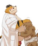anthro asian_clothing belly big_belly blush clothing duo east_asian_clothing eyewear fundoshi glasses japanese_clothing kemono male mawashi overweight overweight_male red_clothing red_fundoshi red_underwear simple_background size_difference underwear white_background young hon55728 canid canine canis domestic_dog felid mammal pantherine tiger 2025 hi_res