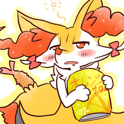 ambiguous_anthro ambiguous_gender anthro biped blush bodily_fluids bow_ribbon bubble can container dipstick_tail drooling drunk drunk_bubble food front_view half-closed_eyes holding_alcohol holding_can holding_container holding_object markings narrowed_eyes object_in_tail outline saliva shrimp_(food) simple_background snout solo standing substance_intoxication tail tail_markings text annyui0611 nintendo pokemon braixen canid generation_6_pokemon mammal pokemon_(species) 1:1 2022 digital_drawing_(artwork) digital_media_(artwork) half-length_portrait hi_res japanese_description japanese_text portrait translated translated_description