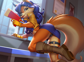 anthro boots bottomwear breasts camel_toe clothing countershading cropped_jacket ear_piercing ear_ring exposure_variation female footwear gloves gun hair handwear jacket lipstick long_hair looking_at_viewer makeup markings mole_(marking) piercing ranged_weapon ring_piercing shirt shoes skirt smile solo topwear tube_top weapon pak009 sly_cooper_(series) sony_corporation sony_interactive_entertainment sucker_punch_productions carmelita_fox canid canine fox mammal 2022 digital_media_(artwork)