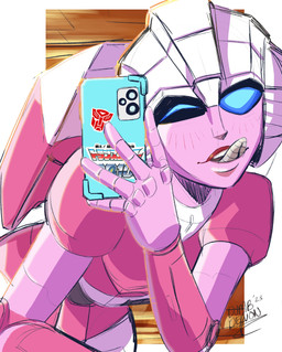 autobot blue_eyes cellphone electronics female machine metallic_body not_furry one_eye_closed phone pink_body selfie solo text tongue tongue_out wink dumbdelvon hasbro takara_tomy transformers arcee cybertronian humanoid robot robot_humanoid 2023 absurd_res english_text hi_res