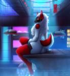 anthro black_body black_fur female fluffy fur futuristic machine realistic_fur red_body red_fur science_fiction screen screen_face sitting solo white_body white_fur miosha noisy_(redace83) mammal protogen robot 2019 absurd_res hi_res