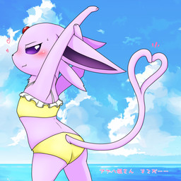 bikini black_nose blush blush_lines clothing female forehead_gem forked_tail fur gem heart_symbol paws purple_body purple_ears purple_fur purple_sclera purple_tail semi-anthro solo swimwear tail text two-piece_swimsuit unusual_anatomy unusual_tail water yellow_bikini yellow_clothing yellow_swimwear young azurepicker nintendo pokemon eeveelution espeon generation_2_pokemon pokemon_(species) 1:1 2024 hi_res japanese_text