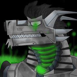 antenna_bow anthro armor armor_plates background_smoke blade glowing glowing_eyes green_body green_eyes machine male metal metalic nose_spike red_eyes sharp_teeth simple_background solo spikes teeth duqueofdingos search_striker_(uber-simb) felkin monster robot 1:1 absurd_res hi_res