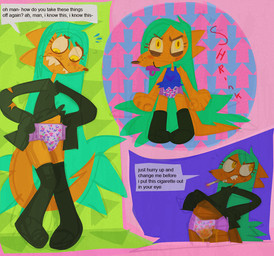 ageplay alternative_fashion angry black_clothing black_dress blue_clothing blue_dress blue_hair blush bodily_fluids cigarette clean_diaper clothed clothing dialogue diaper dress embarrassed freckles fur genital_fluids goth hair infantilism object_in_mouth orange_body orange_fur pacifier pacifier_in_mouth peeing pull-ups_(diaper) roleplay shrinking size_transformation sweat text thin_diaper transformation unclean_diaper urine used_diaper wearing_diaper wet wet_diaper wetting cate_wurtz lamezone lenore_(lamezone) mammal unknown_species 2017 english_text