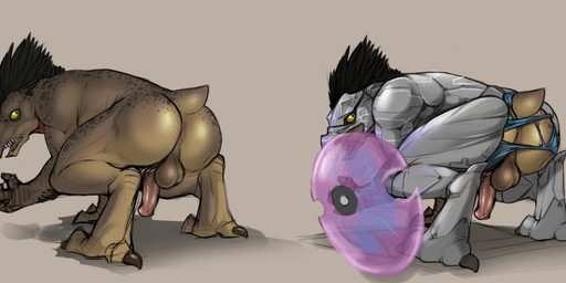 all_fours anus armor backsack balls black_hair brown_body butt claws clothing crouching darkened_balls darkened_genitalia digitigrade energy_shield erection genitals grey_background hair holding_object holding_shield looking_at_viewer looking_back male markings nude open_mouth penis pink_penis rear_view shield short_tail simple_background solo spots spotted_body tail toe_claws torn_clothing yellow_eyes narse halo_(series) microsoft xbox_game_studios alien kig-yar ruuhtian scalie 2010