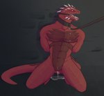 animal_genitalia anthro bdsm bodily_fluids bondage bound collar collar_only cum cum_in_ass cum_inside cum_on_chest gag genital_fluids genital_slit genitals hands_behind_back kneeling leaking_cum leash leashed_collar male nude open_mouth orange_eyes red_body red_scales ring_gag scales solo yellow_sclera amiryth divinity:_original_sin_2 divinity_(series) the_red_prince lizard lizard_(divinity) lizardman reptile scalie hi_res