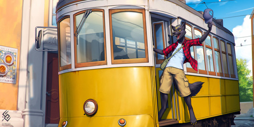 anthro barefoot black_body black_fur blue_clothing blue_sky blue_topwear bottomwear clothed clothing cloud eyewear fangs feet fur glasses logo male male_anthro markings open_clothing open_mouth open_smile open_topwear outside public_transportation rail_transit red_clothing red_topwear shorts sky smile solo standing tan_bottomwear tan_clothing tan_shorts teeth topwear tram urban_rail_transit vehicle yellow_eyes yellow_markings cereus93 canid canine mammal artist_logo hi_res signature