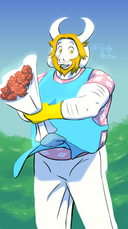 anthro apron beard blonde_hair bouquet clothing facial_hair flower flower_shirt furry_arms hair horn male muscular muscular_male plant solo surprised nestor_forth undertale_(series) asgore_dreemurr bovid caprine goat mammal absurd_res hi_res