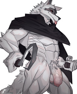abs anthro balls big_penis bodily_fluids clothed clothing fangs flaccid foreskin fur genital_fluids genitals grey_body grey_fur humanoid_genitalia humanoid_penis long_foreskin looking_at_viewer male muscular muscular_anthro muscular_male penis precum pubes red_eyes sickle simple_background smile solo teeth tongue tongue_out unretracted_foreskin weapon foxfawl dreamworks puss_in_boots_(franchise) death_(puss_in_boots) canid canine canis mammal wolf absurd_res digital_media_(artwork) hi_res