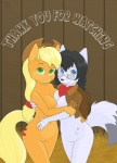 2011 anthro anthrofied applejack_(mlp) black_hair blonde_hair blue_eyes bodily_fluids breast_squish breasts breasts_frottage canid canine clothed clothing digital_media_(artwork) duo earth_pony english_text equid equine eyewear female female/female fox friendship_is_magic fur genitals glasses green_eyes hair hasbro hat headgear headwear helsy hi_res horse hug jacket mammal mikkan my_little_pony navel nude open_clothing open_jacket open_topwear orange_body orange_fur pony pussy saliva saliva_string smile squish tail text topwear