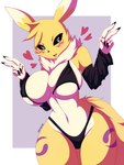 absurd_res anthro aquakey bandai_namco big_breasts black_sclera blue_eyes blush bodily_fluids breasts canid canine clothed clothing digimon digimon_(species) digital_media_(artwork) female fur hair hi_res looking_at_viewer mammal nude open_mouth renamon simple_background solo white_body white_fur yellow_body yellow_fur
