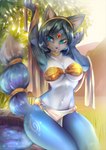 anthro blue_eyes blush bottomwear bra breasts choker clothing drapery_(clothing) female fluffy fluffy_tail garden jewelry loincloth markings necklace raised_arm seductive smile solo tail thick_thighs tribal tribal_markings underwear well kiwanoni nintendo star_fox krystal_(star_fox) canid canine fox mammal signature