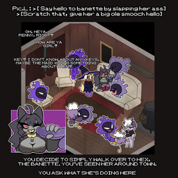 ambiguous_gender ambiguous_penetrated animated_webp anthro balls bodily_fluids breasts casual_sex chair cleavage clothed clothed_female clothing colored_cum cum dialogue distracted distracted_sex erection eyewear fellatio female furniture genital_fluids genitals glasses group half-erect handjob hat haunted_house headgear headwear holidays humanoid_genitalia humanoid_penis licking licking_lips licking_own_lips male male/ambiguous male/female male_penetrating male_penetrating_ambiguous oral parallel_sex penetration penile penis purple_balls purple_cum purple_penis sex smile sofa sofa_sex spitroast text tongue tongue_out unusual_bodily_fluids unusual_cum unusual_genital_fluids voyeur wearing_glasses witch_costume witch_hat corruptedcryptid halloween nintendo pokemon hexxane_(corruptedcryptid) penny_(corruptedcryptid) banette drifloon gastly generation_1_pokemon generation_3_pokemon generation_4_pokemon lopunny pokemon_(species) 1:1 animated english_text hi_res trans_(lore) trans_woman_(lore)