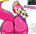 anthro bent_over big_butt butt feathers green_eyes looking_at_viewer looking_back looking_back_at_viewer mascot open_mouth pink_body raised_tail rear_view simple_background tail text thick_thighs white_background lewdewott games_done_quick velocity_(gdq) dinosaur feathered_dinosaur feathered_scalie prehistoric_species reptile scalie 2024 digital_drawing_(artwork) digital_media_(artwork) hi_res