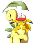 ambiguous_gender blue_eyes clothing duo feral hat headgear headwear red_eyes simple_background pasaran nintendo pokemon ash's_bayleef ashchu bayleef generation_1_pokemon generation_2_pokemon pikachu pokemon_(species) 2012 female_(lore) male_(lore)