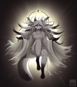 anthro clothing feathered_wings feathers female fur halo light robe solo white_body white_fur wings conditional_dnp warest angel arctic_fox canid canine fox mammal true_fox absurd_res hi_res
