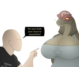 anthro big_breasts breasts clothed clothing dialogue duo eyelashes faceless_character faceless_male female freckled_face freckles long_eyelashes looking_down male overalls simple_background text thick_thighs wide_hips yellow_eyes photolol.03 riamay_(photolol.03) dilophosaurid dilophosaurus dinosaur human mammal prehistoric_species reptile saurischian scalie theropod english_text hi_res gynomorph_(lore) intersex_(lore)