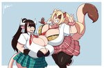 anthro big_breasts breasts clothing duo female horn huge_breasts hyper hyper_breasts necktie school_uniform thick_thighs uniform wide_hips jwinkz felicia_(jwinkz) violet_(jwinkz) bovid bovine cattle domestic_cat felid feline felis mammal