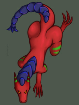 all_fours anthro big_butt bodypaint butt claws female high-angle_view horn looking_at_viewer nude red_body solo spiked_tail spikes spikes_(anatomy) tail varinating mythology dragon mythological_creature mythological_scalie scalie 2026 digital_drawing_(artwork) digital_media_(artwork)