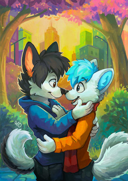 2_tails anthro black_body black_bottomwear black_clothing black_fur black_hair black_pants black_tail blue_clothing blue_eyes blue_hair blue_hoodie blue_topwear bottomwear brown_eyes closed_smile clothed clothing duo eye_contact fur glistening glistening_eyes hair hoodie logo looking_at_another male male/male male_anthro messy_hair mouth_closed multi_tail open_mouth open_smile orange_clothing orange_shirt orange_sky orange_topwear outside pants plant romantic shirt short_hair shrub side_view sky smile standing tail topwear tree white_body white_fur white_tail young young_anthro young_male pandapaco canid canine mammal artist_logo hi_res signature