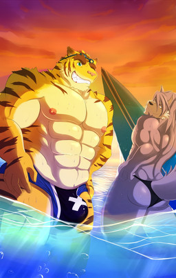 5_fingers abs anthro athletic beach biceps big_muscles black_nose blue_eyes bottomless brown_body brown_fur bulge butt clothed clothing detailed_background duo eyebrows eyewear fangs fingers front_view fur goggles grin legs_in_water looking_at_viewer looking_back male male/male muscular muscular_male nipples one_eye_closed outside partially_submerged pecs pink_nipples pink_nose pose sea seaside sky smile speedo standing standing_in_water stripes submerged_legs sunset surfboard surfer surfing swimwear teeth thick_eyebrows topless vehicle water watercraft wet wink yellow_body yellow_eyes yellow_fur kunn_(artist) morenatsu kouya_aotsuki torahiko_ooshima canid canine canis domestic_dog felid husky mammal nordic_sled_dog pantherine spitz tiger 2015 colored digital_media_(artwork) hi_res