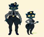 2018 anthro aunt_molly_(nitw) big_butt biped blue_body blue_fur bottomwear breasts butt clothed clothing curvy_figure digital_media_(artwork) domestic_cat eye_bags eyebrows eyelashes felid feline felis female footwear frown fur gun hand_on_hip hat headgear headwear hi_res huge_butt mammal mature_anthro mature_female necktie night_in_the_woods pants police police_hat police_uniform ranged_weapon red_eyes shirt signature simple_background smile smirk solo square_crossover thick_thighs topwear uniform voluptuous weapon whiskers wide_hips wolftangart yellow_sclera
