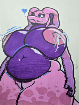 after_sex anthro belly big_breasts bodily_fluids breasts cum cum_on_vulva female fingers genital_fluids genitals grey_background heart_symbol huge_breasts innie_vulva lactating multicolored_body nipples non-mammal_nipples overweight overweight_anthro overweight_female perspective pink_body pink_nipples purple_eyes simple_background snake_hood solo tail unusual_anatomy vaginal_fluids vulva chonkynyx reptile scalie snake hi_res