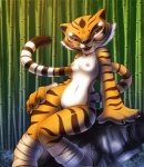 anthro bamboo bamboo_tree biped black_markings black_nose breasts claws clitoris female genitals looking_at_viewer markings nipples nude orange_body plant pussy sitting solo stripes tail tree whiskers wide_hips nancher dreamworks kung_fu_panda master_tigress felid mammal pantherine tiger 2011