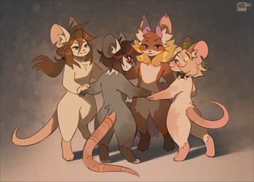 ambiguous_gender anthro biped blush brown_body brown_eyes brown_fur brown_hair butt eyes_closed eyewear feet fingers front_view fur glasses green_eyes grey_body grey_fur group hair hand_holding looking_at_another nude nude_ambiguous nude_anthro rear_view simple_background smile standing tail toes cordi mammal mouse murid murine rodent 2025 digital_drawing_(artwork) digital_media_(artwork) hi_res female_(lore)