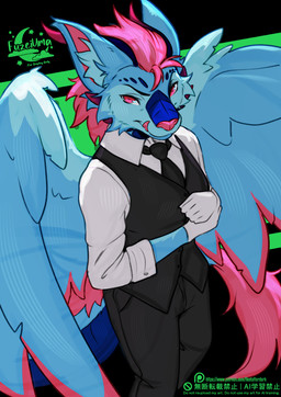 anthro biped bottomwear clothed clothed_anthro clothed_male clothing fingers front_view fully_clothed fully_clothed_anthro fully_clothed_male fur hair horn looking_at_viewer male smile solo standing tongue topwear wings fleet-foot mythology dragon mythological_creature mythological_scalie scalie hi_res