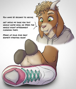 anthro brown_body brown_fur clothing curly_hair dialogue extreme_size_difference facial_hair feet foot_fetish foot_focus footwear fur goatee green_eyes hair hooved_toes hooves horn long_ears looking_at_viewer looking_down looking_down_at_viewer male shoe_fetish shoes shoes_removed simple_background size_difference smile soles solo speech_bubble talking_to_viewer text topwear kiwifizz goat_(movie) sony_corporation sony_pictures sony_pictures_animation will_harris bovid caprine goat mammal english_text hi_res