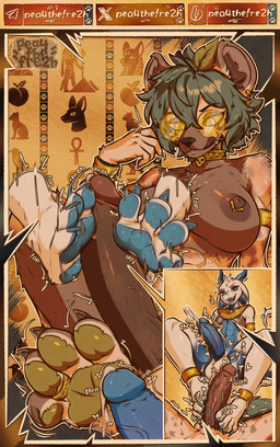 2_horns 4_toes abs anklet anthro armlet big_breasts blue_body blue_eyes blue_pawpads blue_penis bodily_fluids bracelet breasts brown_body brown_fur claws clothing cock_vore collar cum cumshot dark_nipples dark_penis disembodied_foot dripping duo ear_piercing egyptian egyptian_clothing ejaculation erection eyeshadow eyewear feet foot_fetish foot_play footjob fur genital_fluids genitals glasses gold_(metal) gold_anklet gold_armlet gold_bracelet gold_collar gold_glasses gold_jewelry gold_piercing gold_ring green_eyes green_hair green_pawpads green_tail grin gynomorph hair heart_symbol horn intersex intersex/male jewelry leaf leaf_tail licking licking_lips looking_at_genitalia looking_at_penis makeup male metal_collar multicolored_body multicolored_fur muscular muscular_intersex navel pawpads penile penis penis_on_feet piercing precum precum_drip ring round_glasses sex smelly smile soles spiked_tail spikes spikes_(anatomy) tail tattoo text throbbing throbbing_penis toes tongue tongue_out twitching two_tone_body usekh vore white_body pea4thefre2h mythology oushin peacheart_(character) dragon hyena mammal mythological_creature mythological_scalie scalie absurd_res english_text hi_res