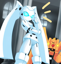 anthro blue_eyes duo featureless_crotch female machine male mouthless no_pupils twintails_(hairstyle) white_body ukan_muri disney fireball_(disney) drossel_von_flugel_(fireball) android robot 2009 japanese_description