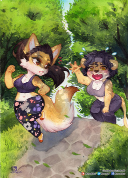 accessory anthro biped blush bodily_fluids bra breasts chibi clothing detailed_background duo female fluffy fluffy_tail fur hair hair_accessory hairband leggings legwear looking_back open_mouth outside running sports_bra sweat tail underwear murazaki bear canid canine fox mammal 2020 absurd_res hi_res painting_(artwork) traditional_media_(artwork) traditional_painting_(artwork) traditional_watercolor_(artwork) watercolor_(artwork)