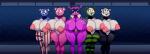 anthro areola big_breasts black_body black_fur blue_body blue_fur bodypaint breasts female fur group huge_breasts nipples pink_areola pink_body pink_fur pink_nipples standing thick_thighs wide_hips ber00 epic_games fortnite cuddle_team_leader dj_bop fireworks_team_leader panda_team_leader spooky_team_leader alpaca bear camelid mammal absurd_res hi_res